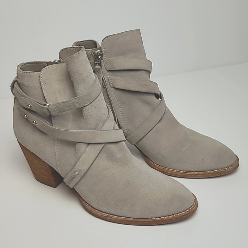 SAM EDELMAN MERTON GRAY SUEDE CROSS STRAP STACKED HEEL BOOTIES 9M